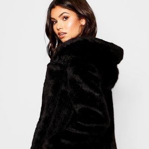 Black Faux Fur Coat with Hood